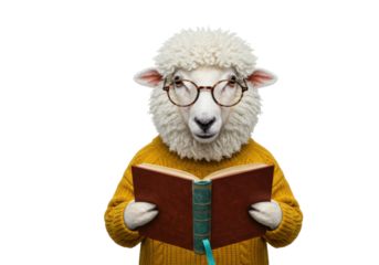 Isolated cute sheep reading a book wearing glasses and yellow sweater in studio shot