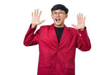 Young college student shocked reaction face expression isolated on white background