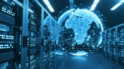 The data center with servers displays a digital globe, where servers and globe illuminate the space. Blue lights from the servers and globe create a technological atmosphere. - Powered by Adobe