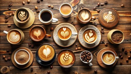 Aromatic Coffee Creations A Diverse Selection of Latte Art Designs Served in Various Cups on a Rustic Wooden Table