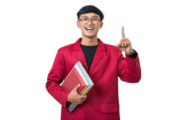 Thoughtful Young college student thinking about something isolated on white background