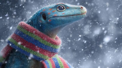 A blue lizard wearing a striped scarf enjoys a snowy day, gazing wistfully upward