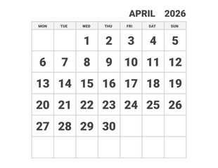 April 2026 calendar, weeks start on Monday, vector design 