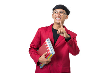 Thoughtful Young college student thinking about something isolated on white background