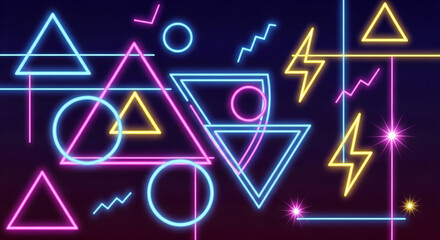 Neon geometric shapes glowing against a dark background, creating a vibrant and modern design with triangles, circles, and lightning bolts, perfect for adding a touch of energy