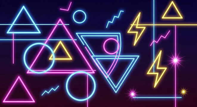 Neon geometric shapes glowing against a dark background, creating a vibrant and modern design with triangles, circles, and lightning bolts, perfect for adding a touch of energy