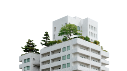 Modern Architecture Oasis: An innovative architectural structure merges nature and urban living, featuring layered design and integrated green spaces on top a building. with a serene ambiance.