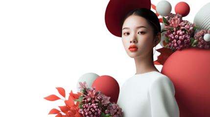 Floral Fantasy: A woman surrounded by floral beauty, a vision of grace and sophistication, she is a symbol of elegance, surrounded by carefully arranged flowers.