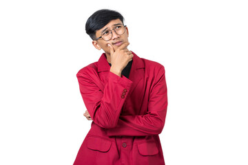 Thoughtful Young college student thinking about something isolated on white background