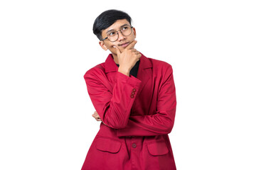 Thoughtful Young college student thinking about something isolated on white background