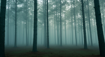 Fototapeta premium Misty Forest with Tall Trees in Calm Natural Setting