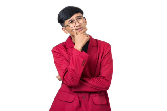 Thoughtful Young college student thinking about something isolated on white background