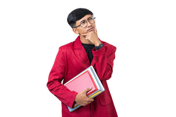 Thoughtful Young college student thinking about something isolated on white background
