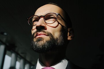 Obraz premium Man in formal attire with glasses staring thoughtfully in a darkened environment during a daytime setting