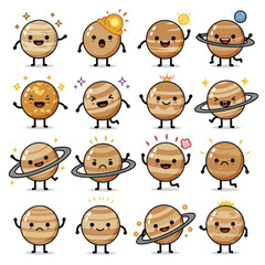 Naklejka premium Cute planet cartoon character mascot set with various expressions and poses.