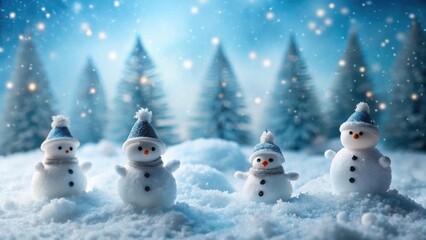 Obraz premium Charming Winter Scene Featuring Frosty Snowmen in a Snowy Forest with Twinkling Lights