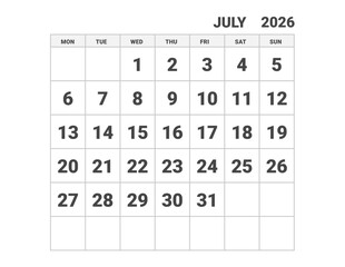 July 2026 calendar, weeks start on Monday, vector design 