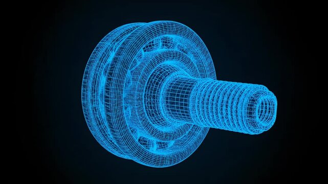 Blue 3D Wireframe Bearing with Threaded Shaft - A close-up of a blue 3D wireframe model of a bearing assembly with a threaded shaft.