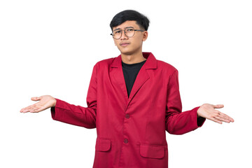 Clueless college student shrugs shoulders confused dont know isolated on white background