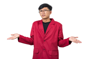 Clueless college student shrugs shoulders confused dont know isolated on white background