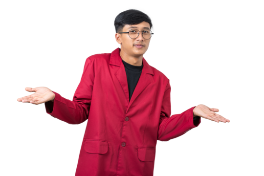 Clueless college student shrugs shoulders confused dont know isolated on white background