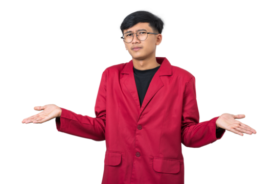 Clueless college student shrugs shoulders confused dont know isolated on white background