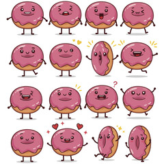 Fototapeta premium Cute pink donut character set with various emotions and poses A collection of kawaii food mascots for design.