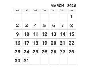 March 2026 calendar, weeks start on Monday, vector design 
