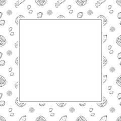 sausage frame. doodle grill sausage square frame. hand drawn sausage frame background. grill sausage background