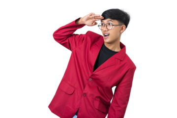 Young college student looking far away keeping hand on forehead isolated on white background