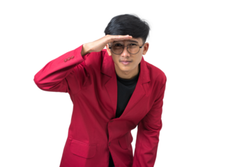 Young college student looking far away keeping hand on forehead isolated on white background