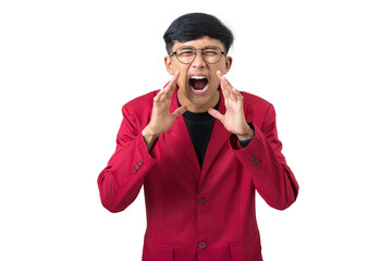 Young college student screaming calling out announcement isolated on white background