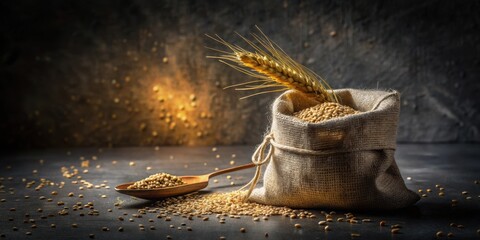 Fototapeta premium Golden Grains in Rustic Burlap Sack with Wooden Spoon and Scattered Seeds on Dark Surface