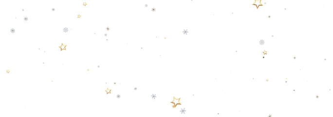Festive background with gold and silver stars and snowflakes on a white backdrop. Perfect for holidays.