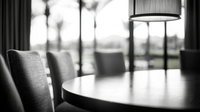 A black and white image featuring a round table and chairs, with a stylish pendant light, set against a backdrop of palm trees and large windows.