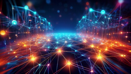 Obraz premium abstract rendering of interconnected nodes forming a complex network with vibrant luminous lights