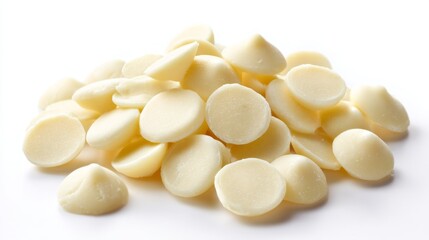 A delicious pile of white chocolate chips glistens in this close-up image. Perfect for baking, decorating or enjoying. Great for sweet treats and candy recipes. AI