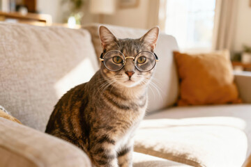 Cute tabby cat wearing round glasses sitting on cozy beige sofa in sunny living room with warm natural light and cushions