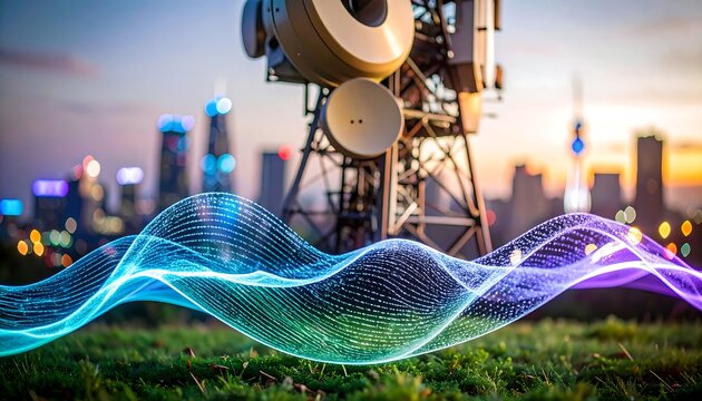 Cityscape with telecommunication tower and abstract light waves