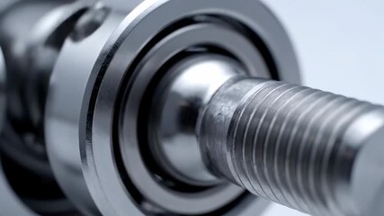 Close-up of Metal Rod End Bearing - A close-up shot showcases a silver metal rod end bearing. The video highlights the threaded shaft and the mechanical details of the industrial component. - Powered by Adobe