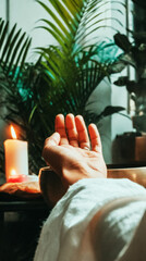 A practitioner uses hands to create sound therapy tools on a wooden surface, set in a calm indoor environment filled with lush greenery and soft candlelight