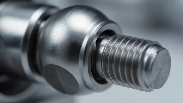 Close-up of a Metal Rod End Bearing - A detailed close-up shot of a silver metal rod end bearing. The video focuses on the threaded shaft, showcasing the texture and design of the mechanical