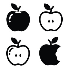 Collection of stylized apple icons representing whole fruit slices and bitten fruit for design and culinary projects silhouette