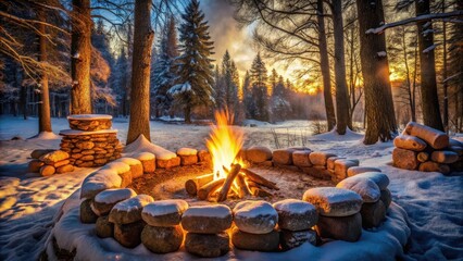 Serene Winter Sunset Embraces a Cozy Stone Fire Pit in a Snowy Forest