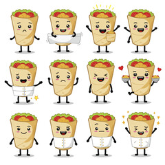Cute burrito cartoon character mascot set with various expressions.