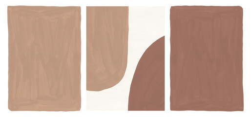 Minimalist set of abstract organic shape art in terracotta and sienna shades. Hand painted gouache background with brush strokes and artistic texture. Modern rectangular and round forms triptych