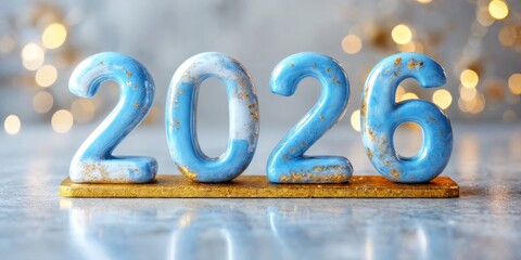 Decoration for New Year celebration in 2026 with colorful blue numbers on a shiny table