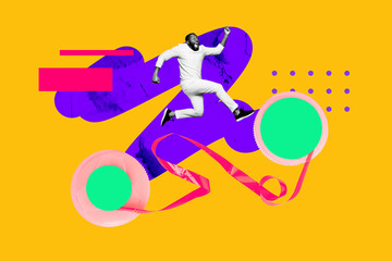 Zine banner full photo collage of happy guy listen music retro cassette playlist celebration...