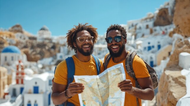 Friends explore picturesque Santorini with map in hand under bright summer sun