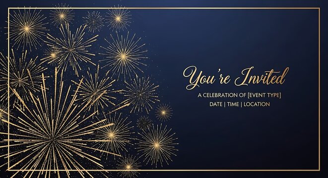 Stylish Invitation Design with Golden Fireworks and youre Invited